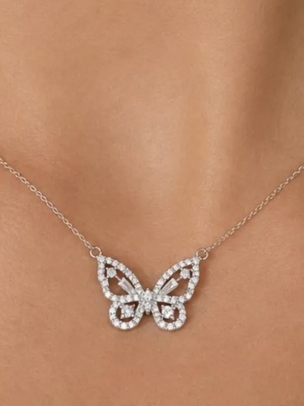 VVS1 Grade D color Baguette & Round Butterfly Necklace 17.75 Inch